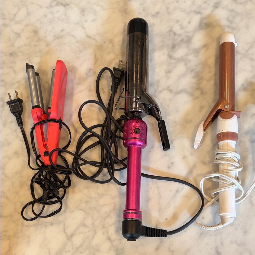 Set of 3 Curling Wands and Mini Flat Iron Crimoer - Pink, Black, Rose Gold